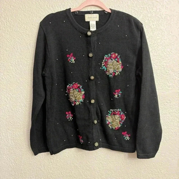 Vintage Lemon Grass Black Beaded Embroidered Holiday Cardigan Wreath - Size M - Picture 4 of 7